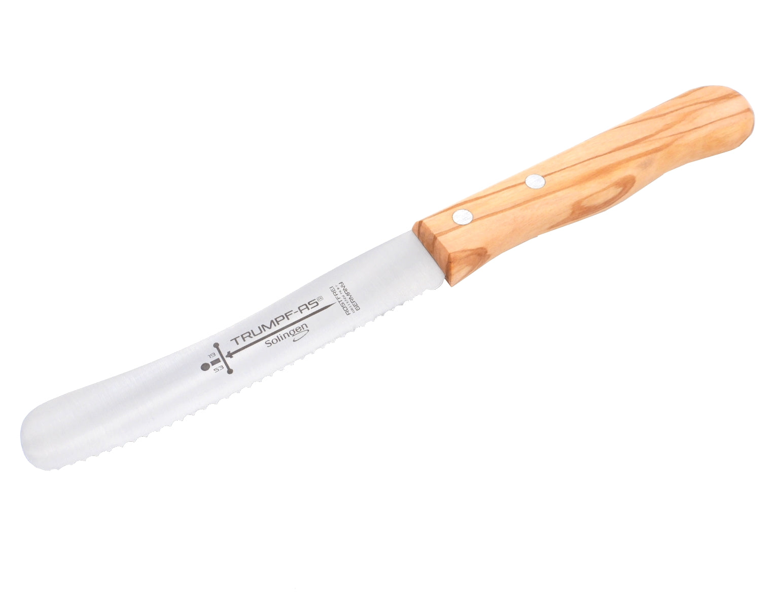 Buckelsmesser Trumpf-As  – Frühstücksmesser Solingen extra scharf Wellenschliff 22,5 cm Brötchenmesser Olive