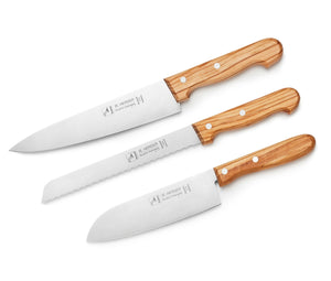 H. Herder Solingen 3er-Set Küchenmesser Santoku Kochmesser Brotmesser OLIVE