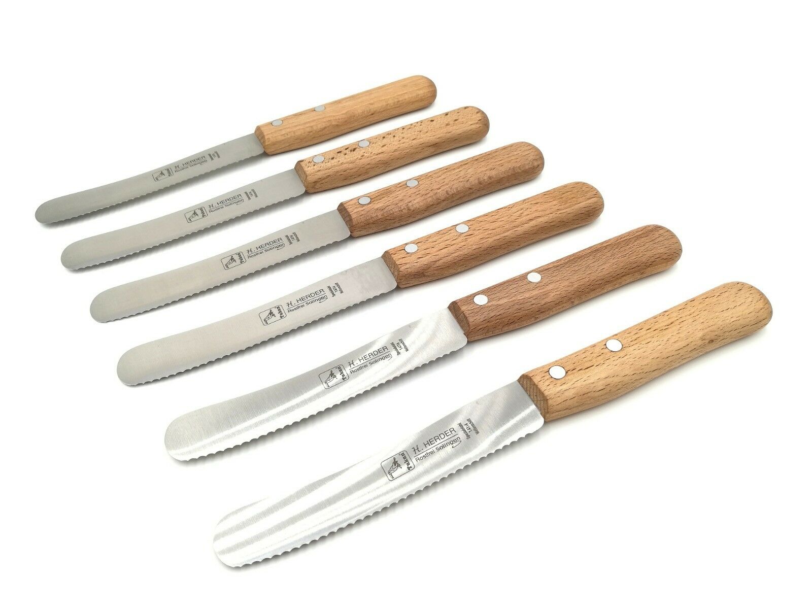 6 H. Herder Solingen Frühstücksmesser Buckelsmesser 22cm  Wellenschliff rostfrei Buche