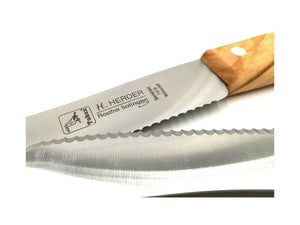 4 H. Herder Solingen Frühstücksmesser Buckelsmesser 22cm Wellenschliff rostfrei Olive